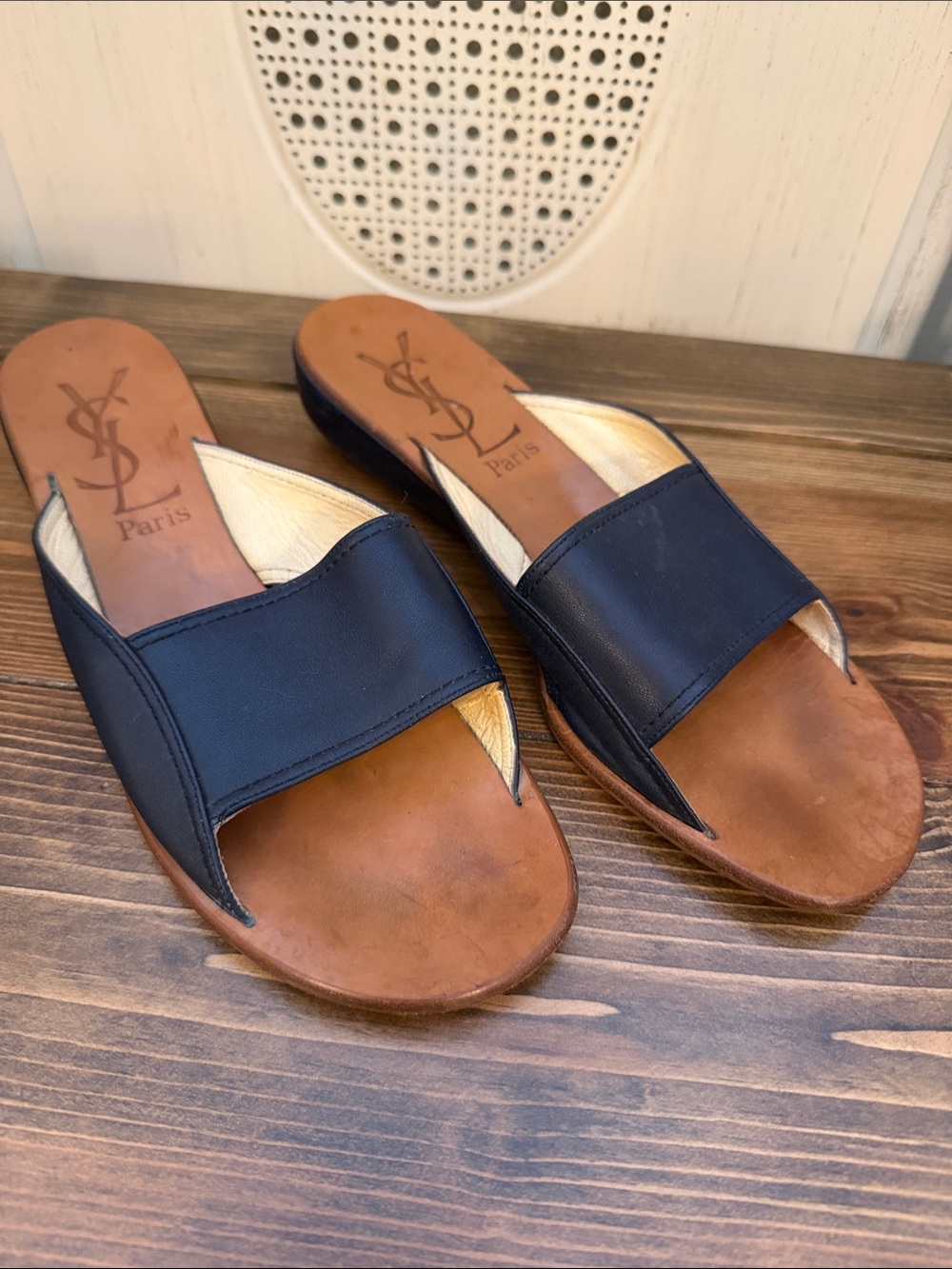Yves Saint Laurent Black Leather Slide Sandals with Tan Footbed 7.5
